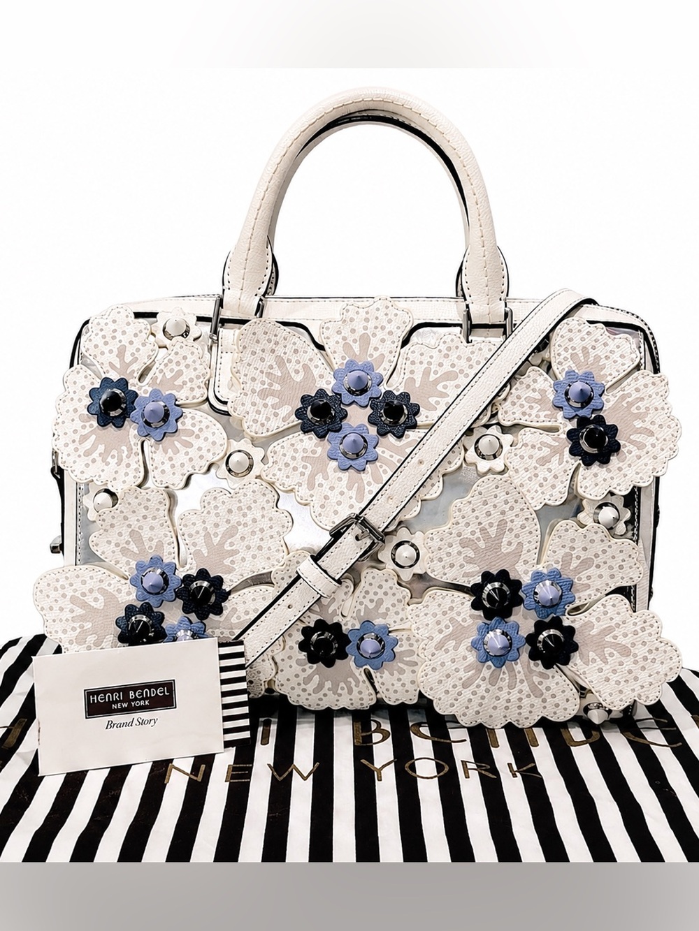 henri bendel West 57th barrel satchel / blue and grey floral w/ iridescent